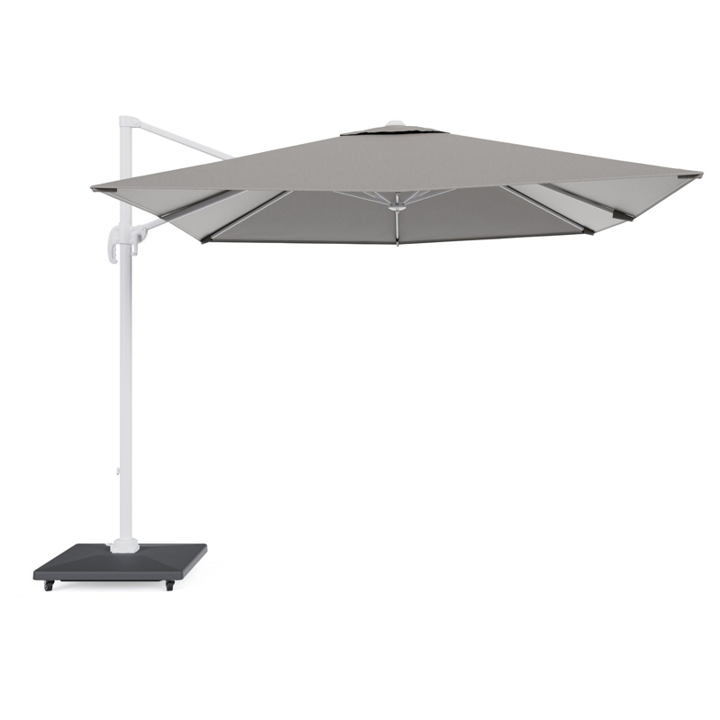 Calpe zweefparasol in wit aluminium en grijs Weather+ Softtouch parasoldoek - L1 270 x L2 270 cm met Avola parasolvoet 90 kg met wielen