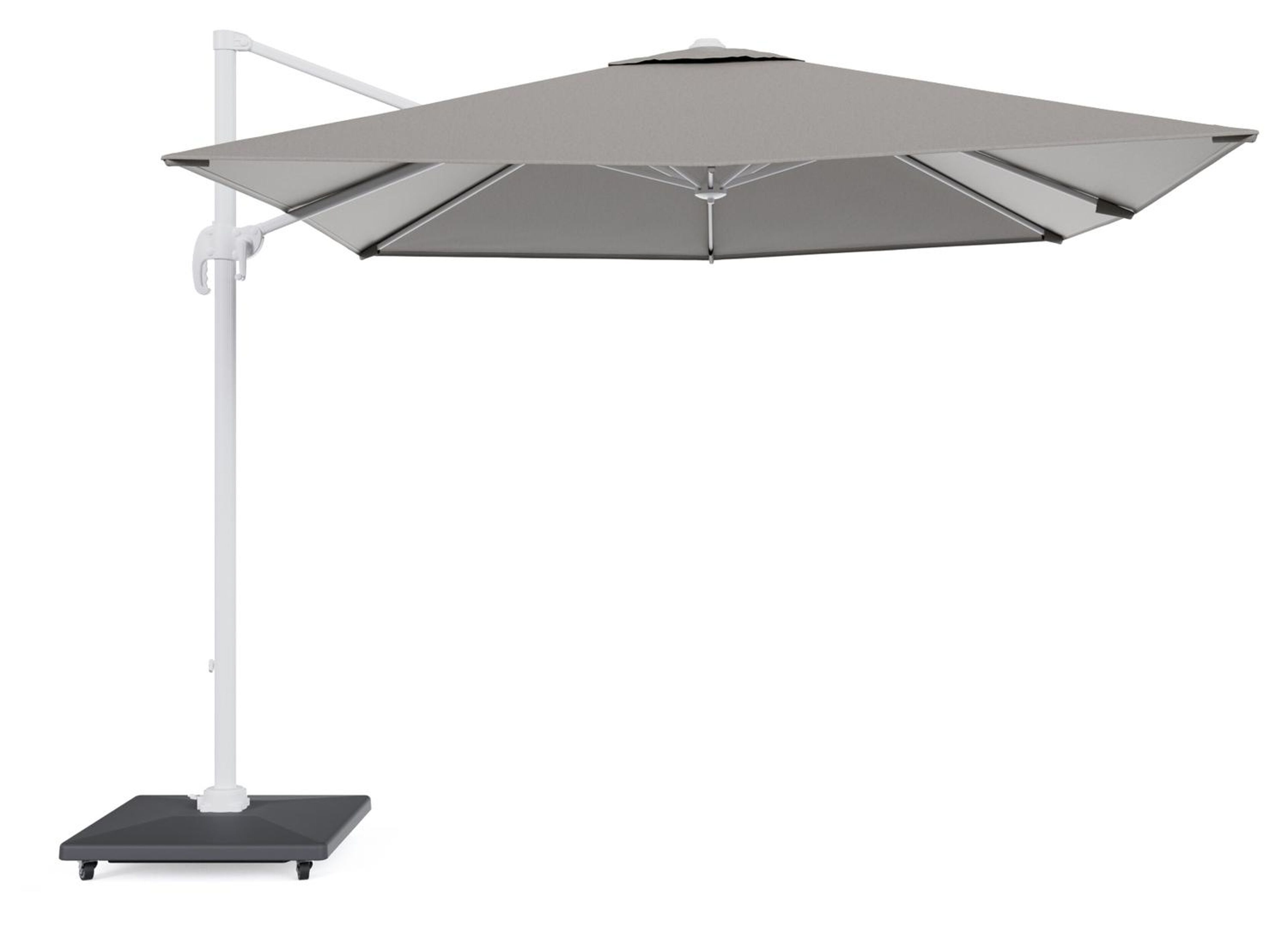 Calpe zweefparasol in wit aluminium en grijs Weather+ Softtouch parasoldoek - L1 270 x L2 270 cm met Avola parasolvoet 90 kg met wielen