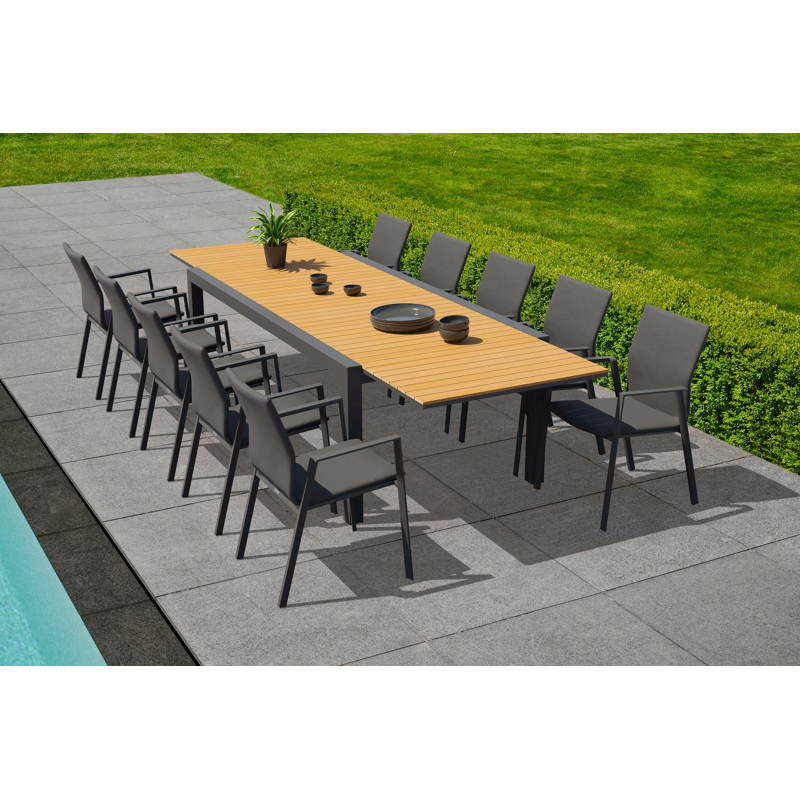 Calobra tuinset met verlengbare tafel in zwart aluminium en naturel teak tafelblad met 10 stapelbare Madura tuinstoelen