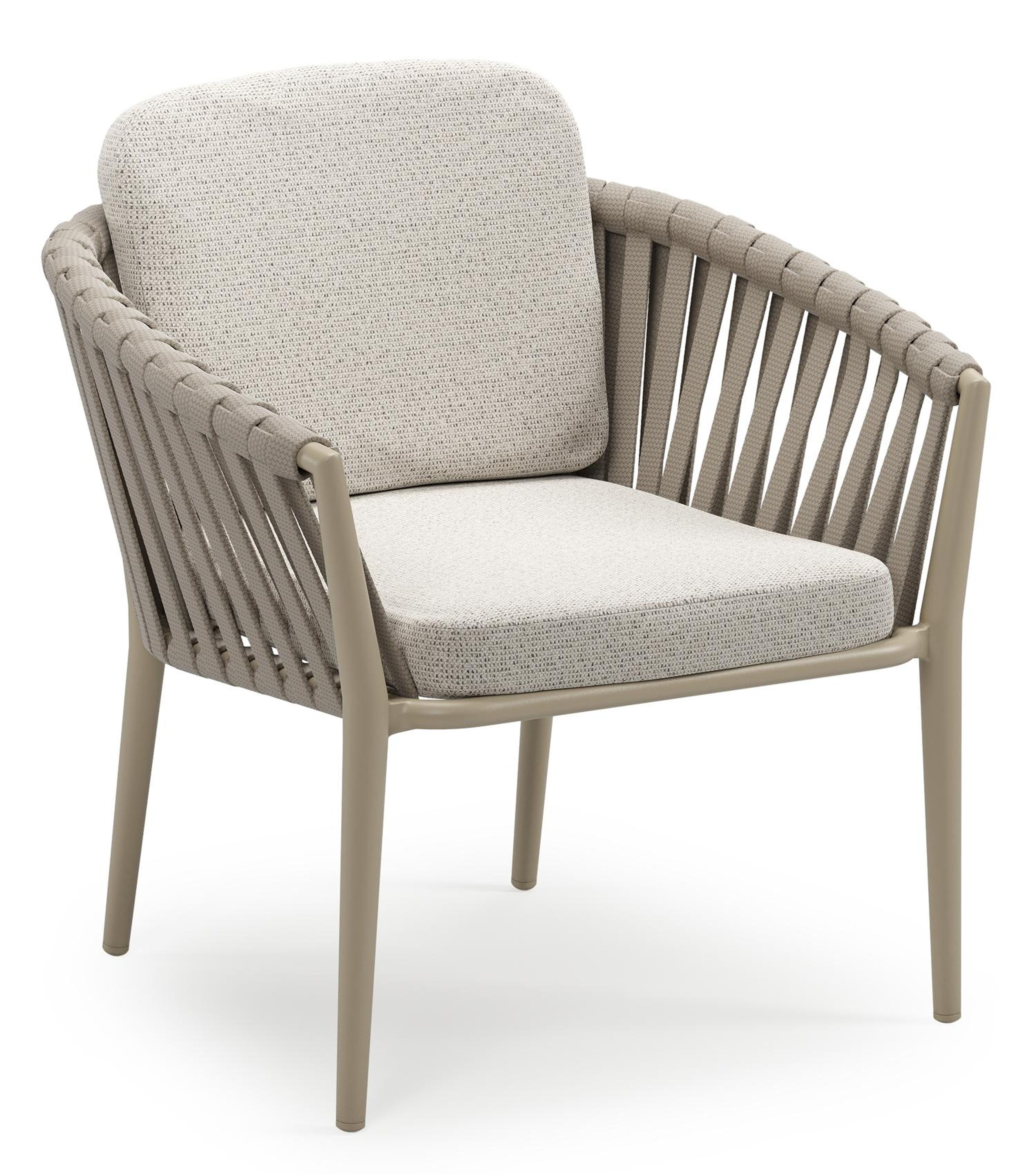 Orso low dining tuinstoel in beige aluminium en beige verticaal geweven luxe vlakke brede rope met stoelkussen in All Weather Solica Firenze Natural