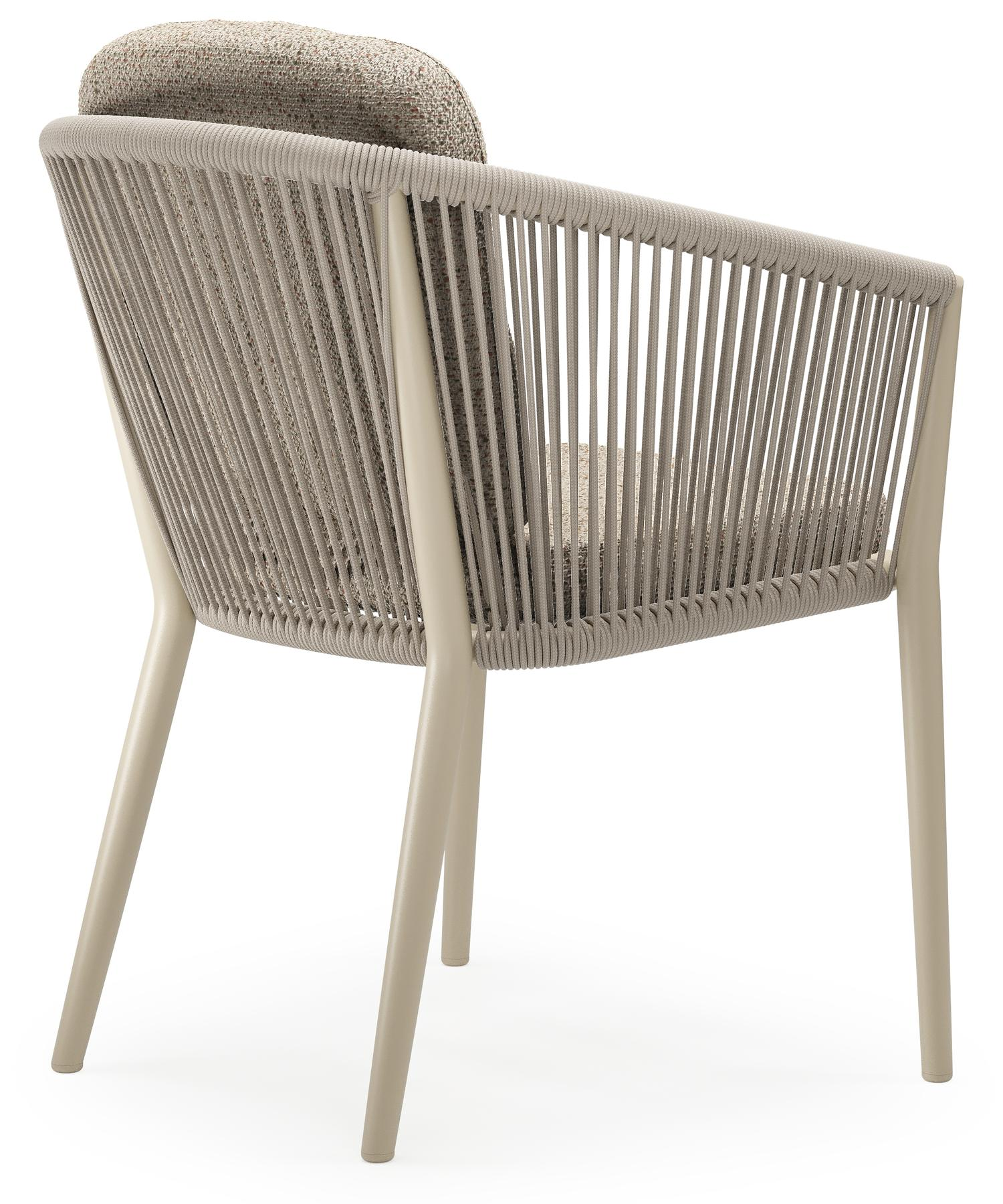 Chaise de jardin Orso en aluminium beige et corde ronde tissée verticalement beige avec coussin luxe en All Weather Cosytica Bora Jungle