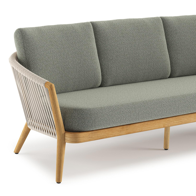 Orso loungebank in teak en beige verticaal geweven luxe vlakke rope met Savane Leaf all weather sunbrella® luxe kussen