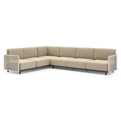 Organo loungehoek in zwart aluminium en beige verticaal geweven luxe vlakke rope met althea camel all weather Cosytica kussen