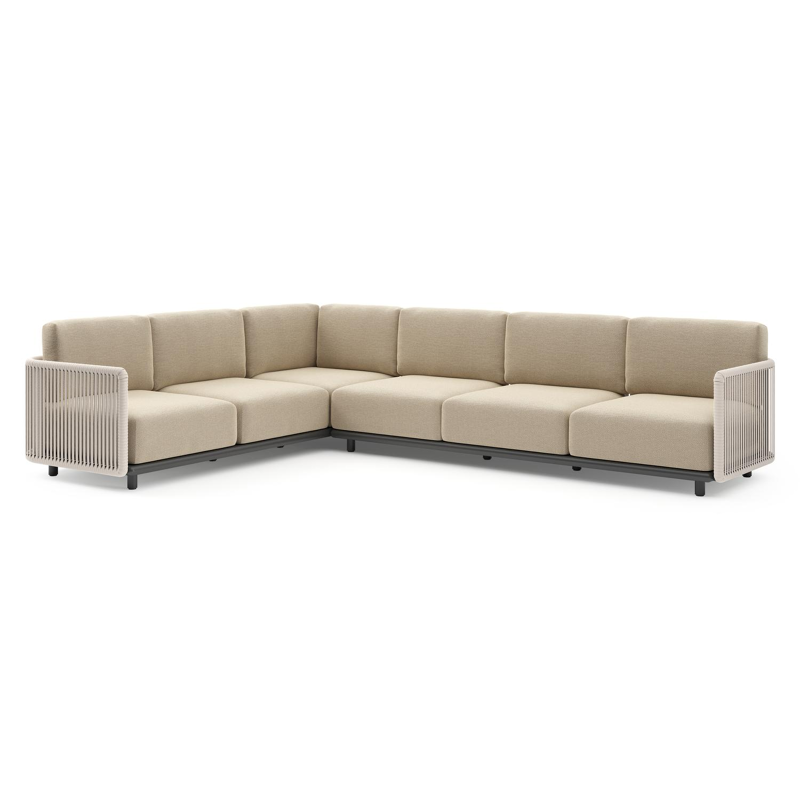 Organo loungehoek in zwart aluminium en beige verticaal geweven luxe vlakke rope met althea camel all weather Cosytica kussen