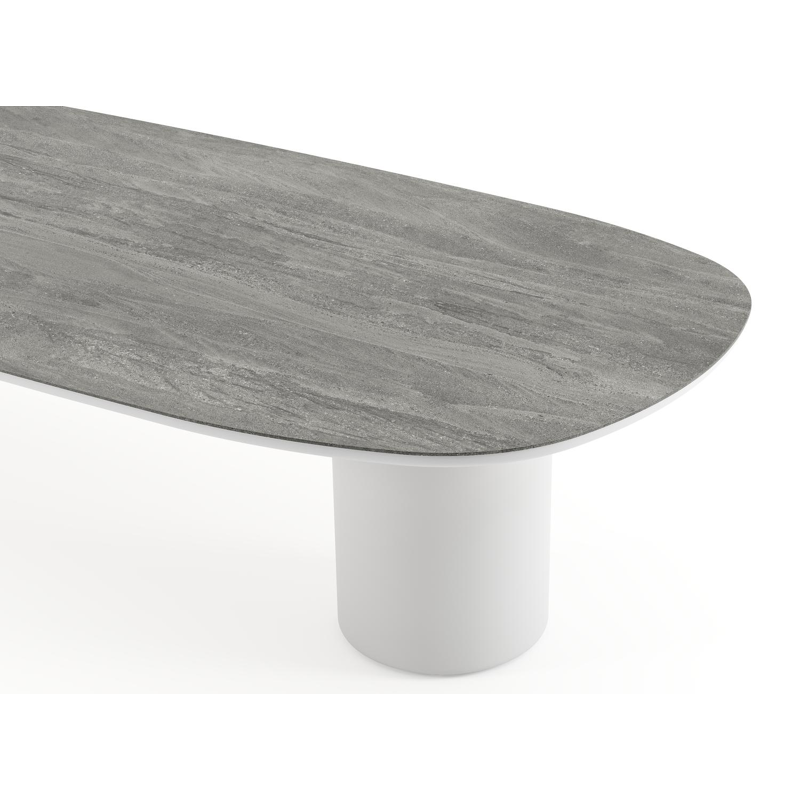 Amico low dining tuintafel bombo in wit aluminium en volkeramiek Aspen Grey - L 320 x B 130 x H 61 cm