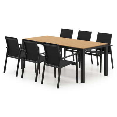 Ensemble de jardin Toma en aluminium noir et polywood avec 6 chaises de jardin Bahia