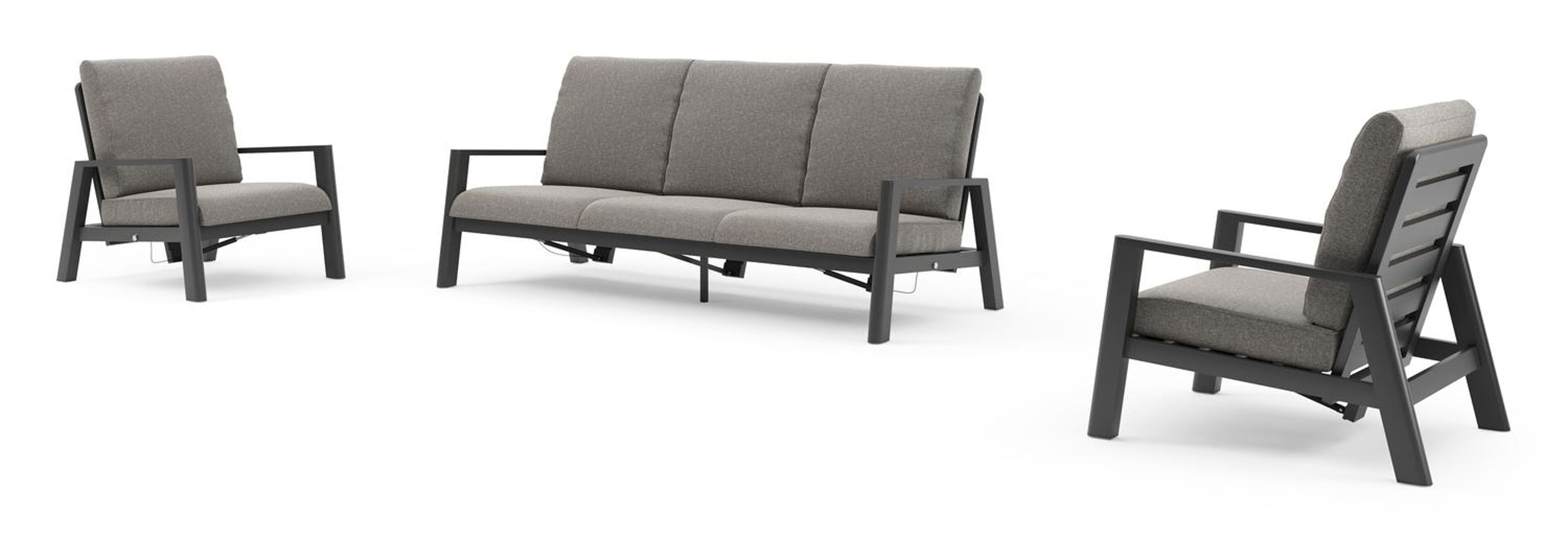 Salon de jardin Cirello en aluminium noir et coussins en all weather sunbrella® luxe chartres drizzle