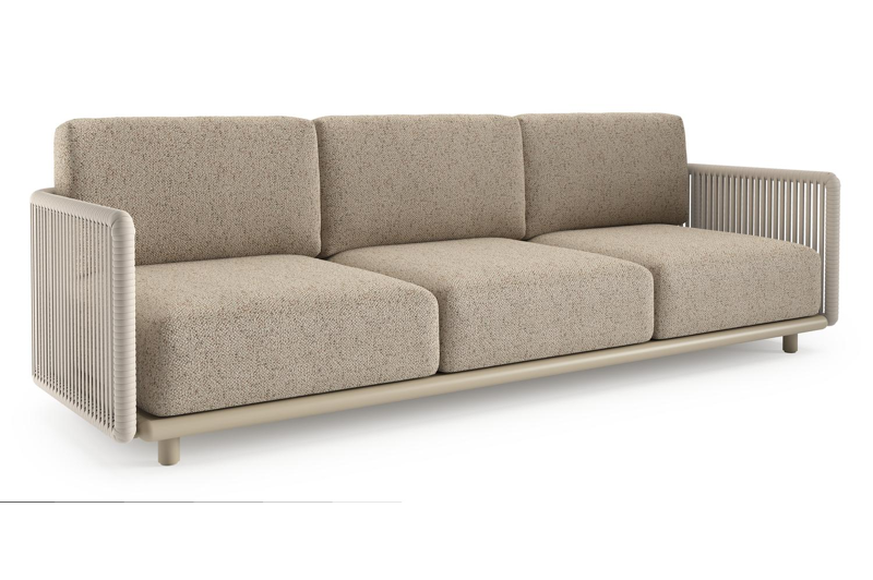 Organo loungebank in beige aluminium en beige verticaal geweven luxe vlakke rope met bora jungle all weather Cosytica kussen