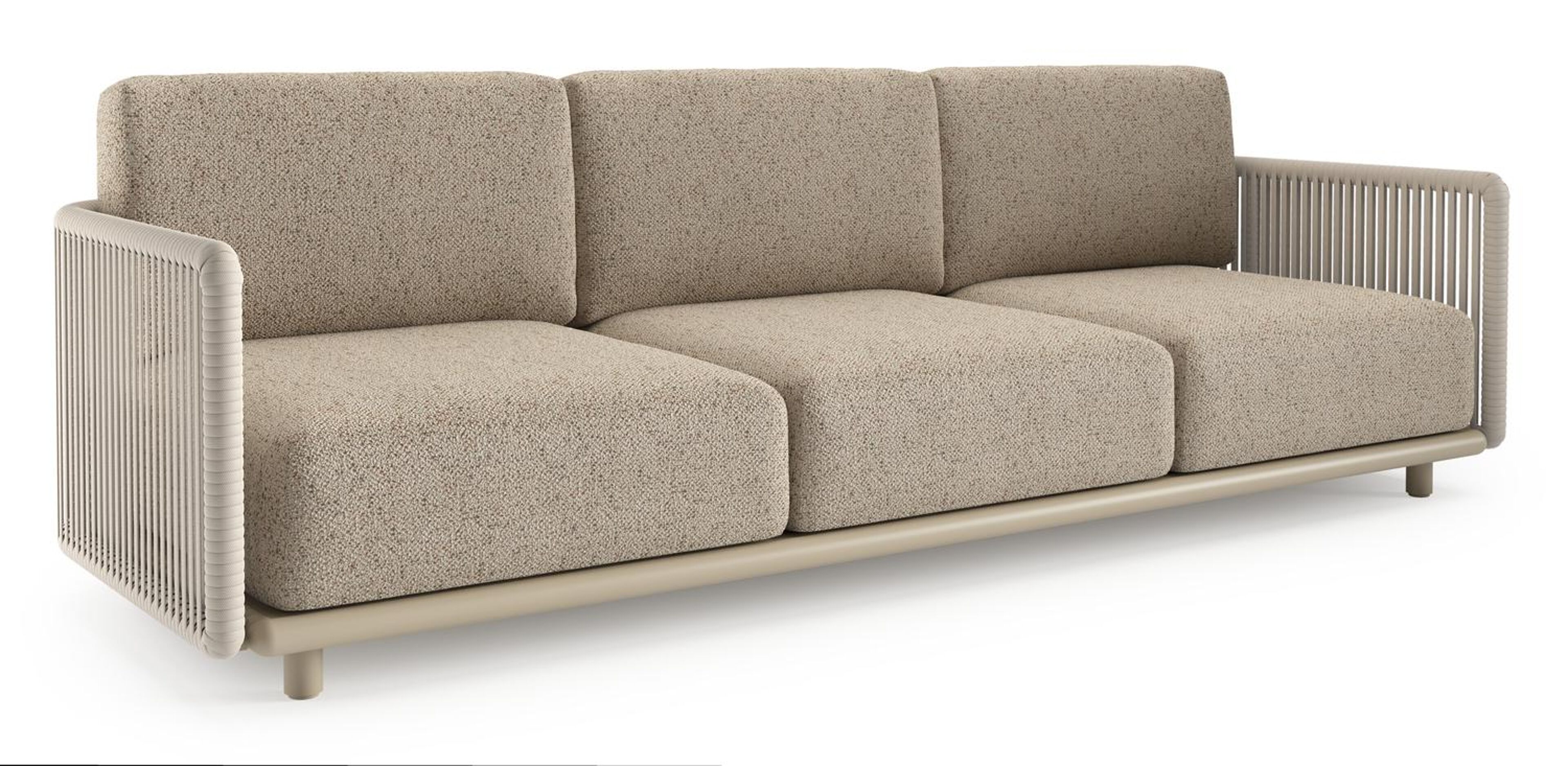 Organo loungebank in beige aluminium en beige verticaal geweven luxe vlakke rope met bora jungle all weather Cosytica kussen