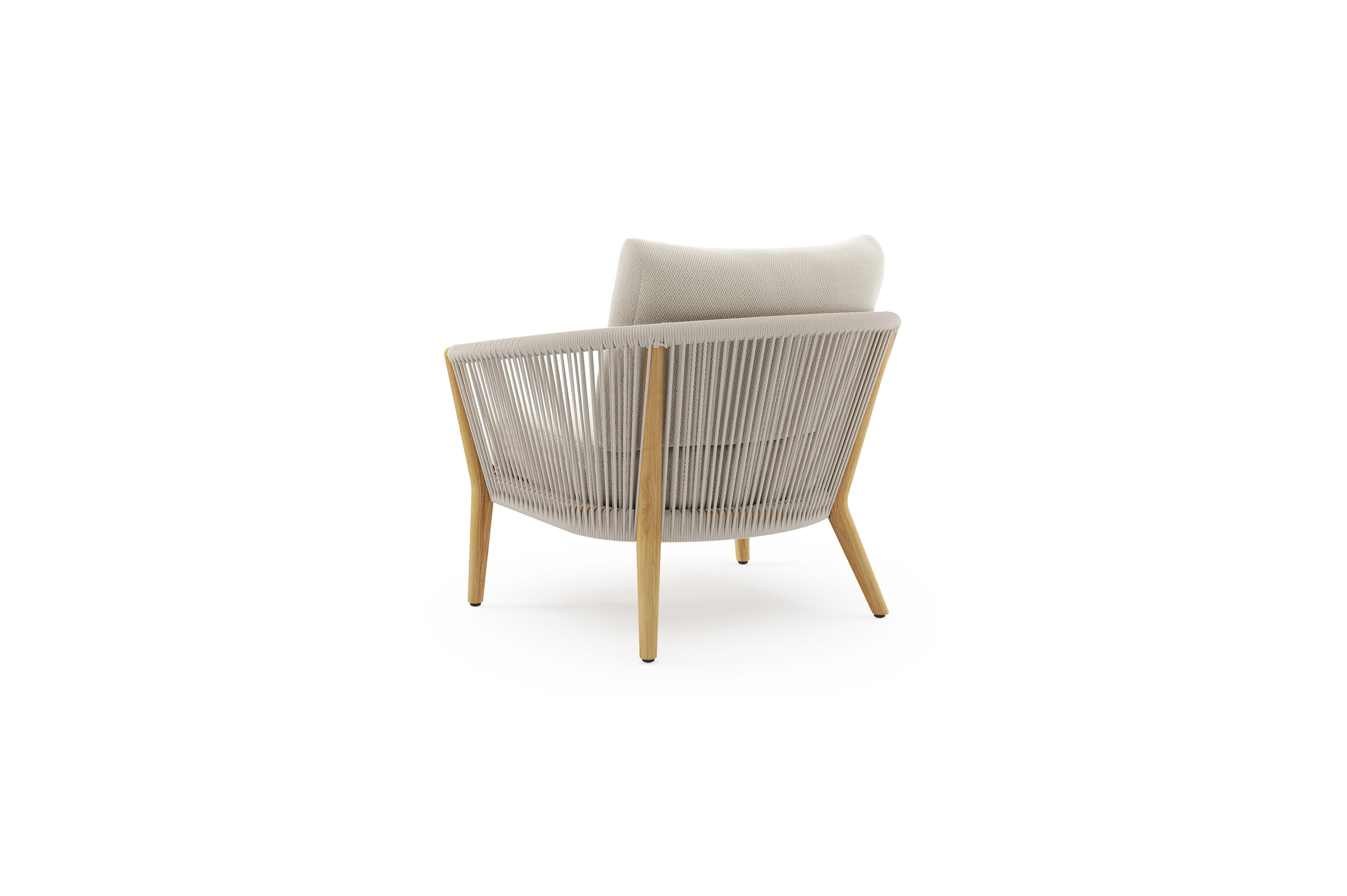 Fauteuil de jardin Orso 1-pl en teck et corde beige avec coussin en all weather sunbrella® luxe lopi marble