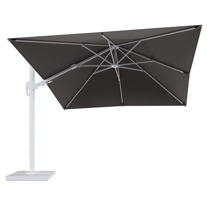 Rufina zweefparasol tiltfunctie in wit aluminium en parasoldoek in All Weather Sunbrella® Luxe Natte Nature Grey - L1 300 x L2 300 cm met parasolvoet Lapido 120 kg