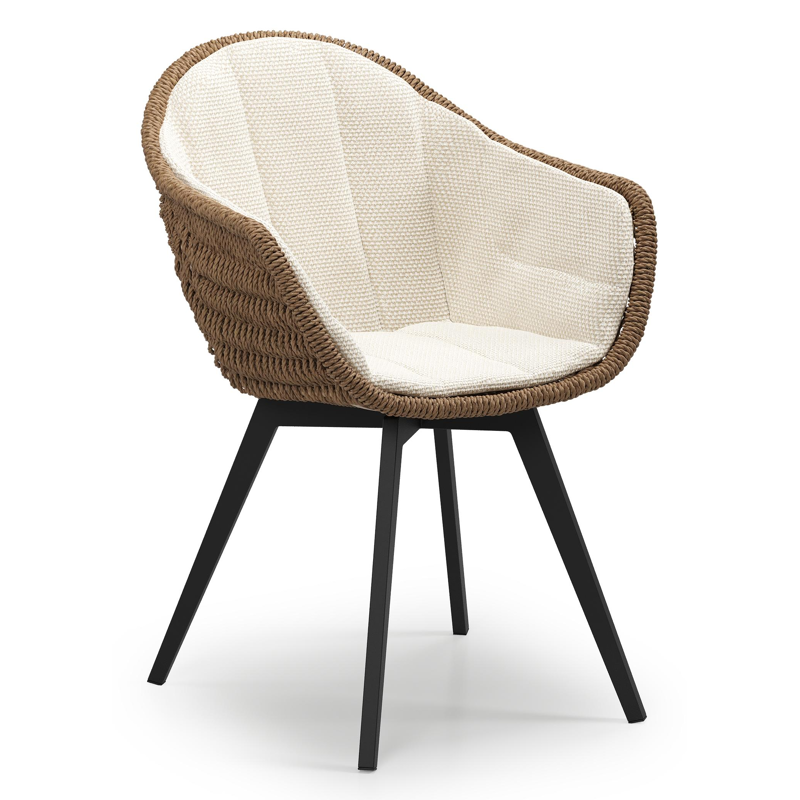 Chaise de jardin Pagino en aluminium noir et résine tressée ronde brun avec coussin en All Weather Cosytica Althea Off White