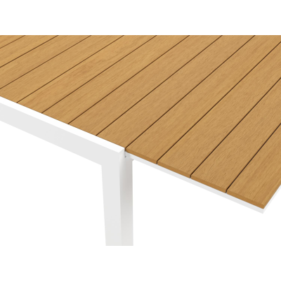 Ensemble de jardin Oviedo avec table extensible en aluminium blanc avec plateau de table en polywood naturel et 8 chaises de jardin empilables Bahia