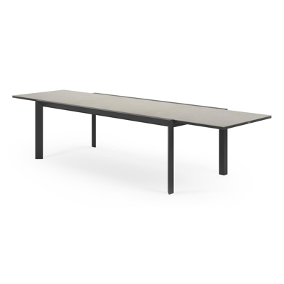 Table de jardin Aspra extensible en aluminium noir et céramique pleine sur verre gris - Lg 220/340 x Larg. 106 x H 76 cm