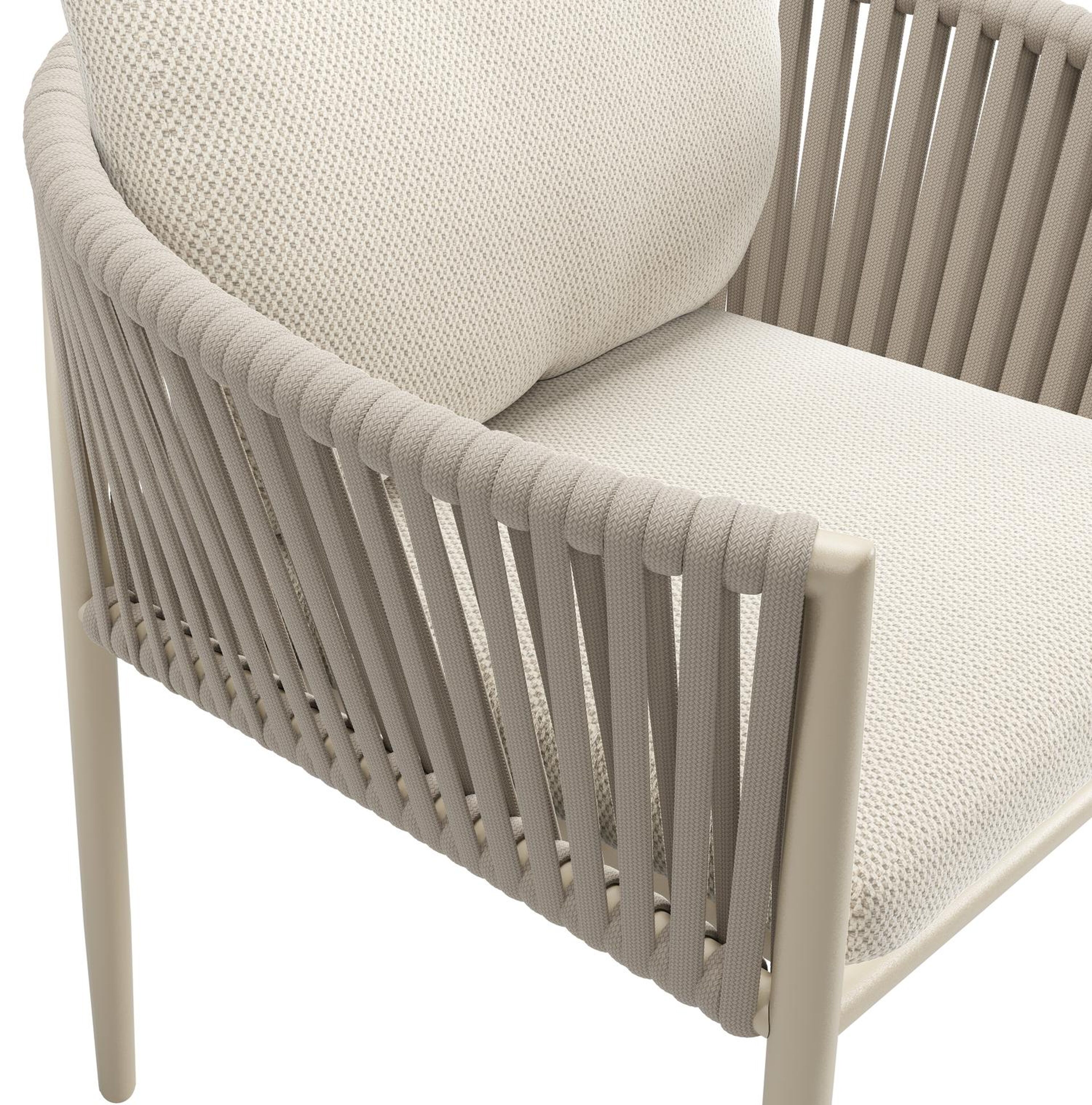 Organo tuinstoel in beige aluminium en beige verticaal geweven luxe vlakke rope met kussen in All Weather Sunbrella® Luxe Lopi Marble