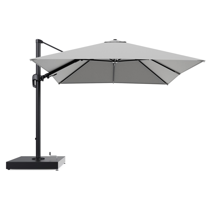Rufina zweefparasol met tiltfunctie in zwart aluminium en Savane Nimbus All Weather Sunbrella® Luxe parasoldoek - L1 300 x L2 300 cm met parasolvoet Minore 260 kg met wielen