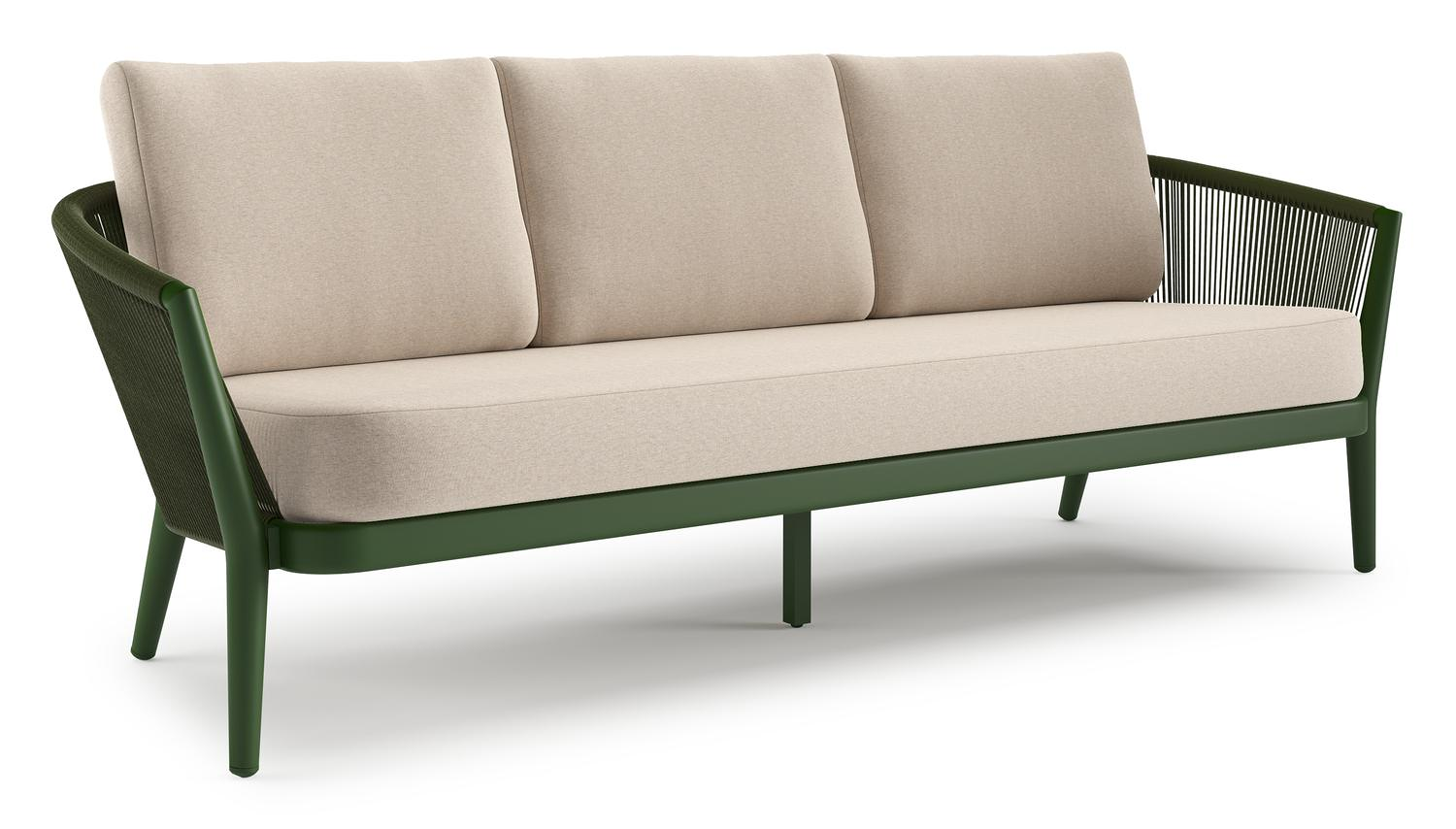 Orso loungebank in groen aluminium en groen verticaal geweven ronde rope met Heritage Ash all weather sunbrella® luxe kussen