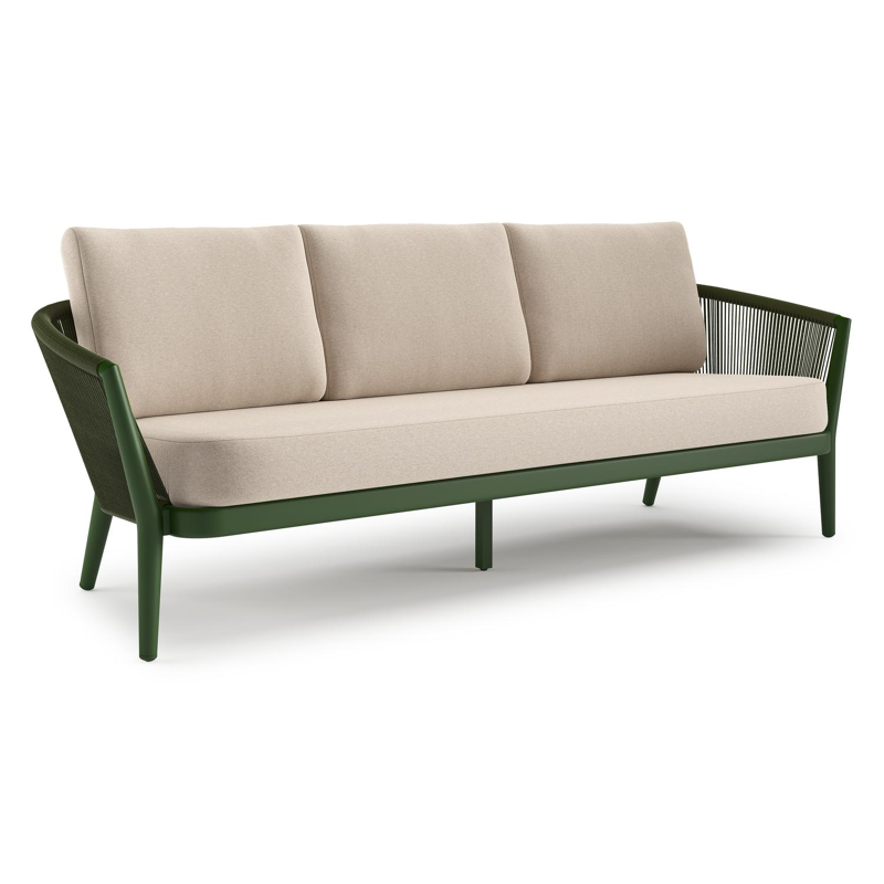 Orso loungebank in groen aluminium en groen verticaal geweven ronde rope met Heritage Ash all weather sunbrella® luxe kussen