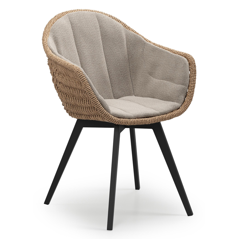 Pagino tuinstoel in zwart aluminium en naturel ronde wicker met zitkussen in All Weather Sunbrella® Luxe Savane Coconut