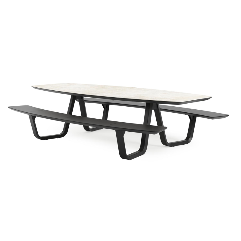 Forno picknicktafel bootvorm in zwart aluminium en volkeramiek Rapolano L 280 x B 192 cm