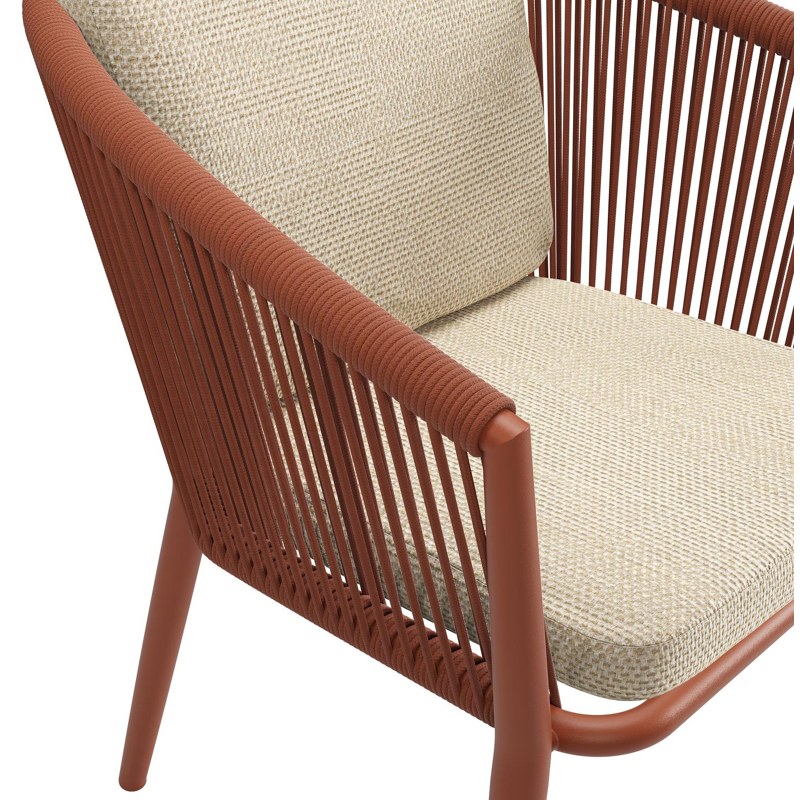 Chaise de jardin Orso en aluminium brun rouille et corde ronde tissée verticalement brun rouille avec coussin luxe en All Weather Cosytica Althea Camel