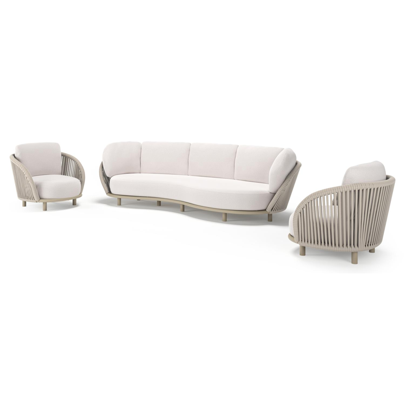 Lupino loungeset in beige aluminium en beige verticaal geweven luxe vlakke brede rope met ego eggshell all weather solica kussen