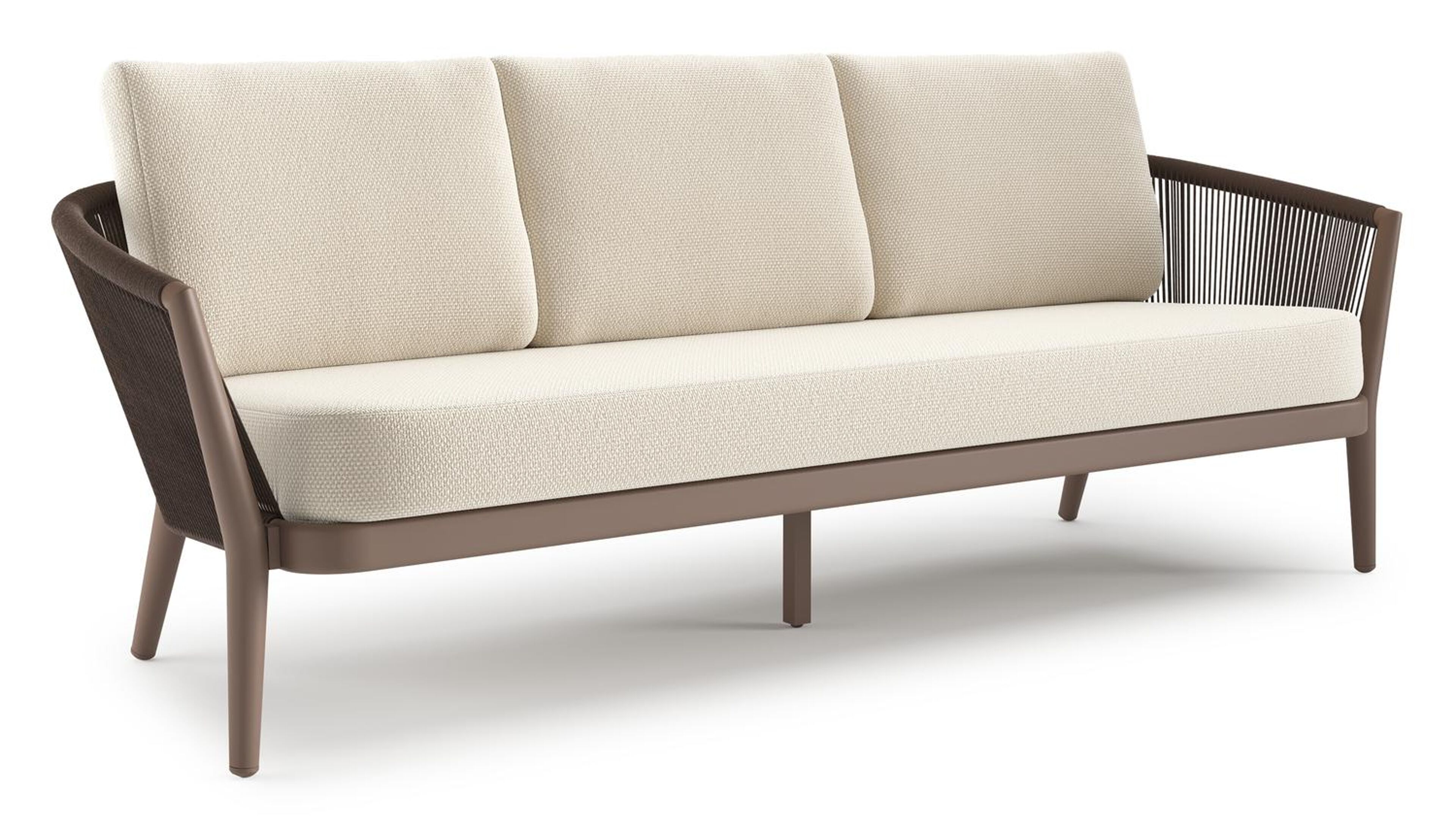 Canapé de jardin Orso en aluminium taupe en corde ronde tissée verticalement noir et coussins en all weather cosytica Althea Off White