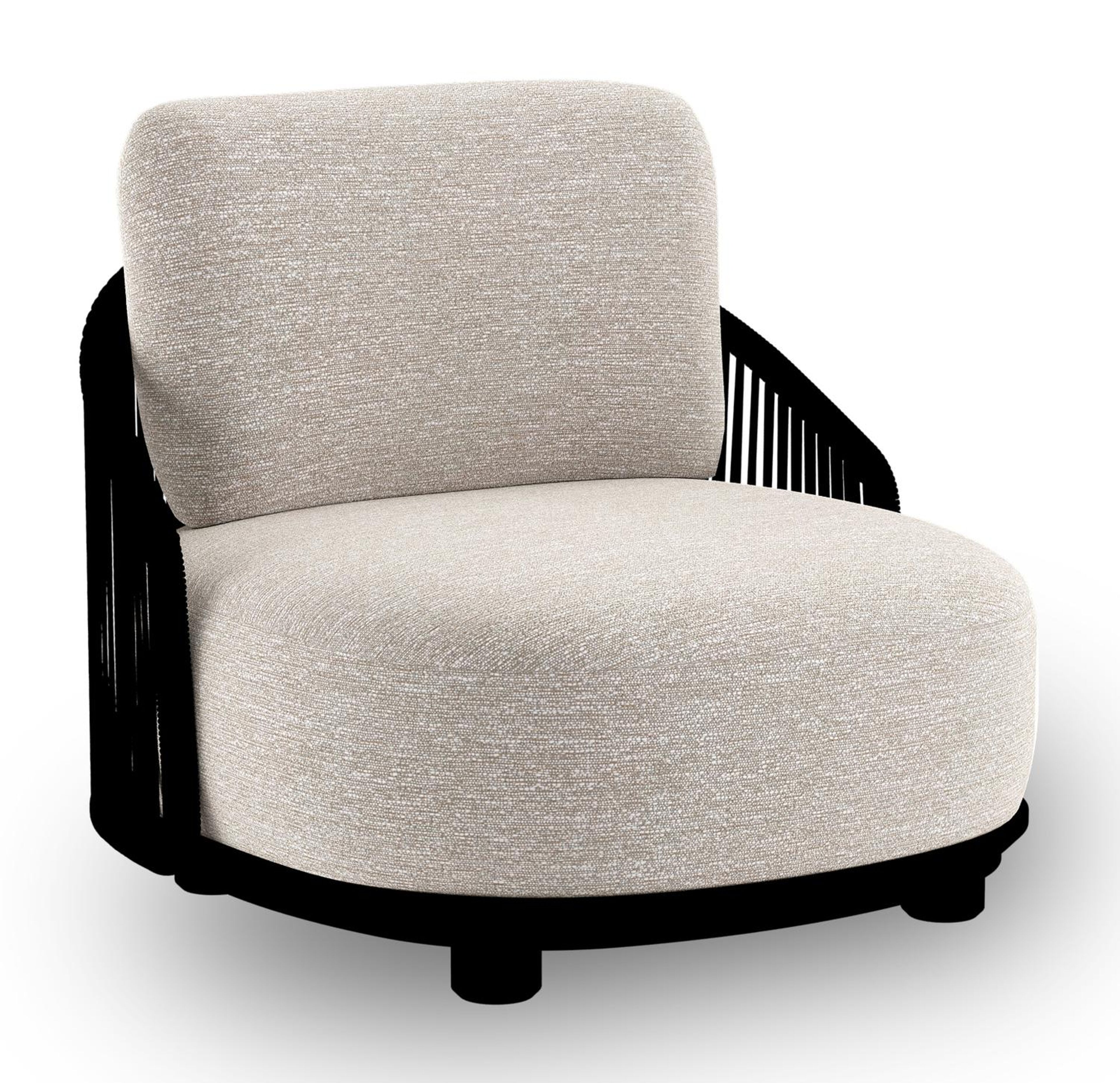 Vadelo loungestoel in zwart aluminium en zwart verticaal geweven ronde rope met tundra sand all weather sunbrella® luxe kussen