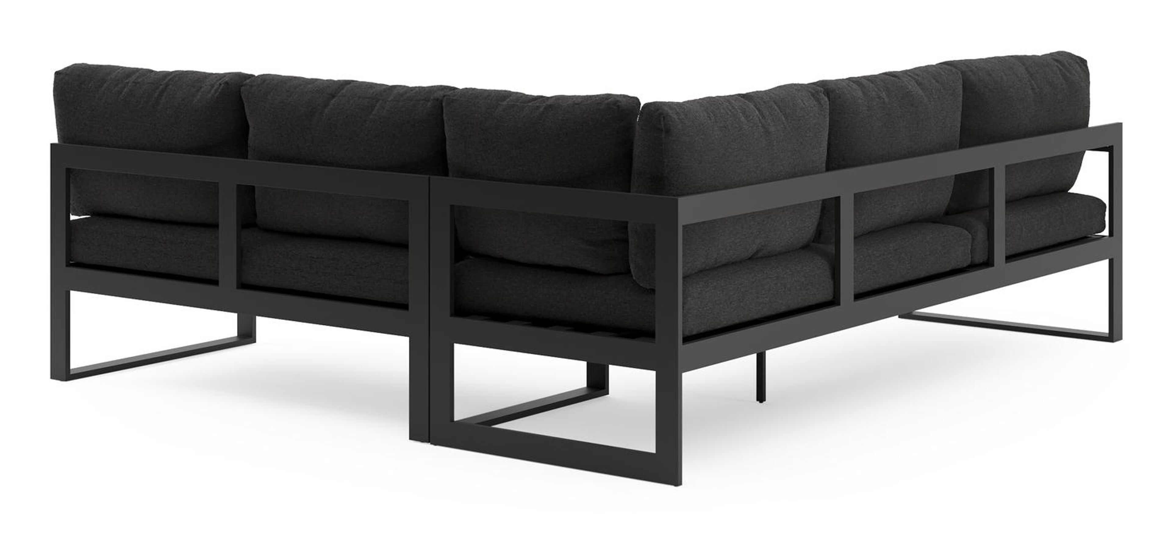 Salon de jardin d'angle Caldela en aluminium noir et coussins en weather+ softtouch noir