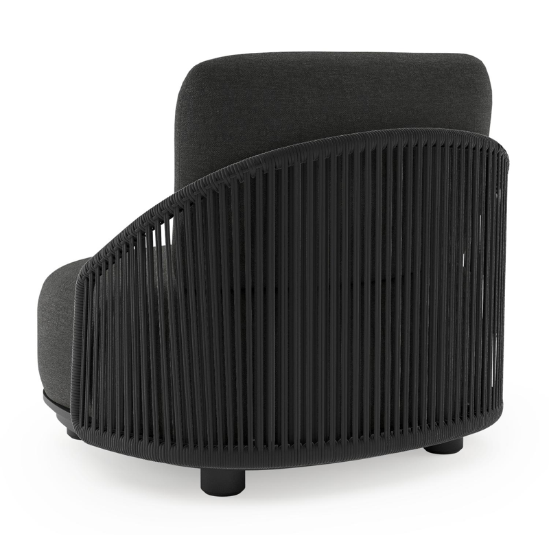 Fauteuil de jardin Vadelo en aluminium noir et corde ronde tissée verticalement noir et coussins en all weather sunbrella® luxe chartres sooty