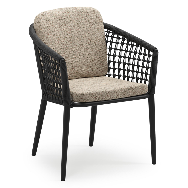 Chaise de jardin empilable Orso en aluminium noir et corde ronde tissée résille noir avec coussin en All Weather Cosytica Bora Jungle