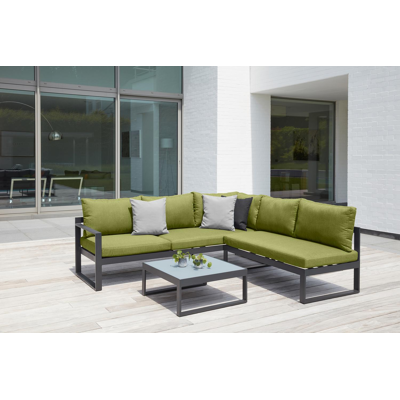Caldela loungehoek in zwart aluminium met groen polyester kussens en loungetafel