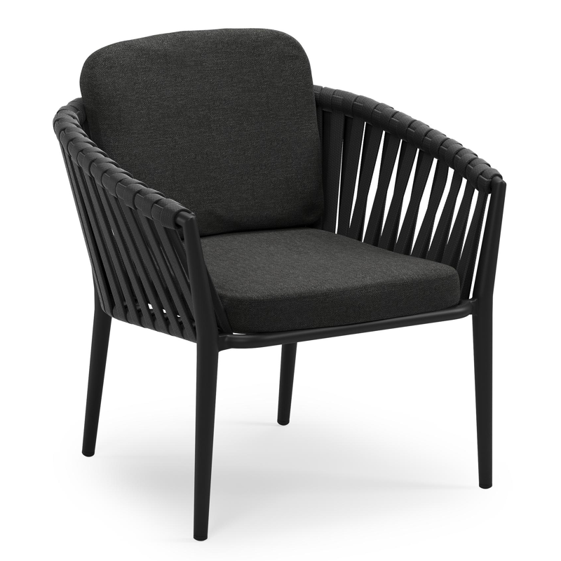 Orso low dining tuinstoel in zwart aluminium en zwart verticaal geweven luxe vlakke brede rope met stoelkussen in All Weather Sunbrella® Luxe Chartres Sooty