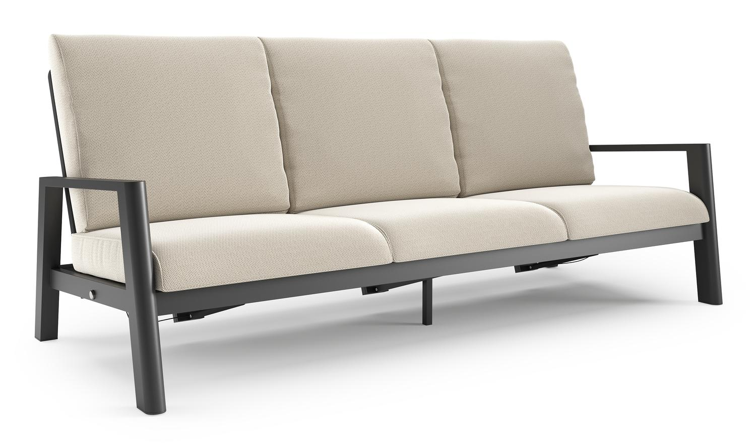 Canapé de jardin Cirello en aluminium noir et coussins en all weather sunbrella® luxe lopi marble