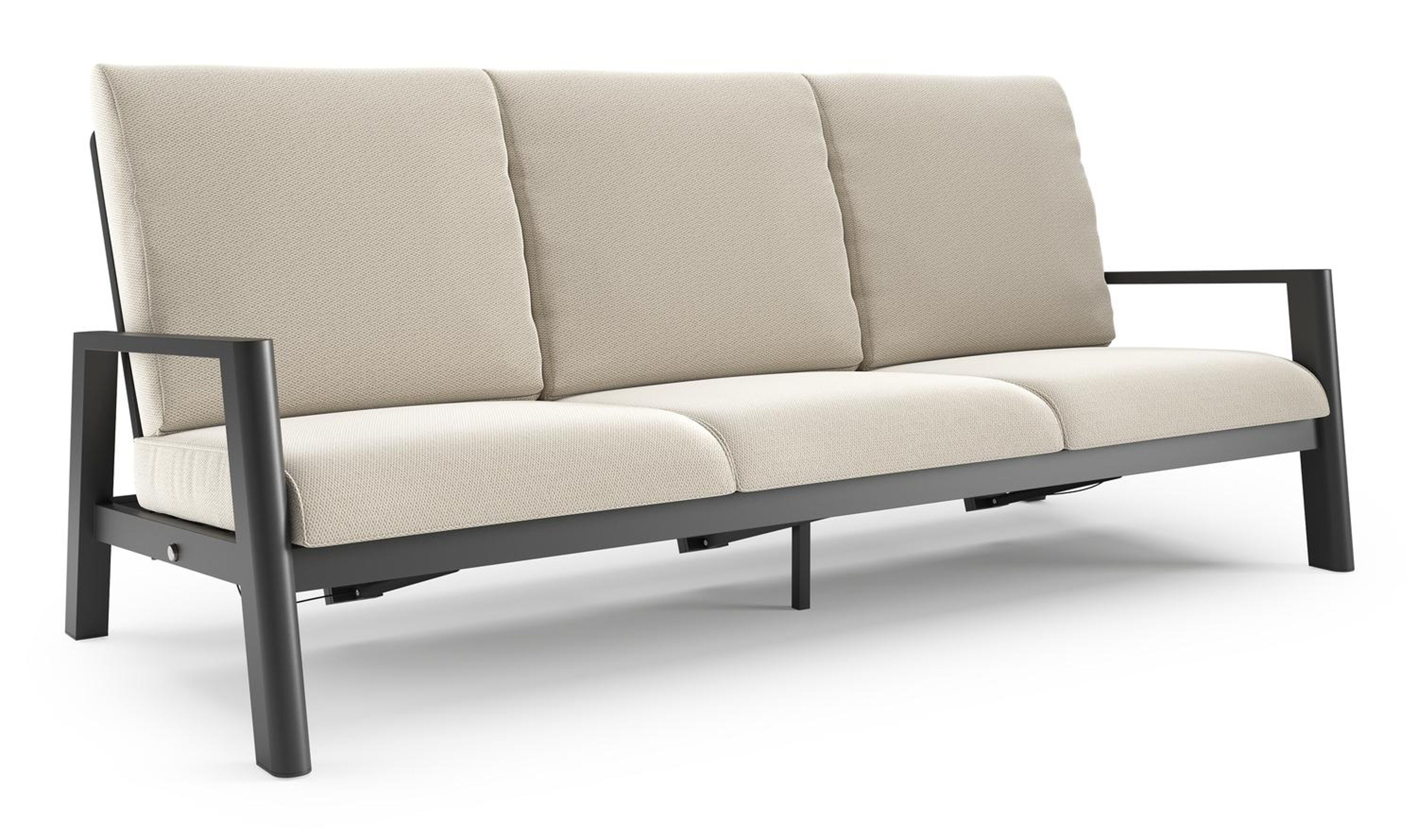 Canapé de jardin Cirello en aluminium noir et coussins en all weather sunbrella® luxe lopi marble