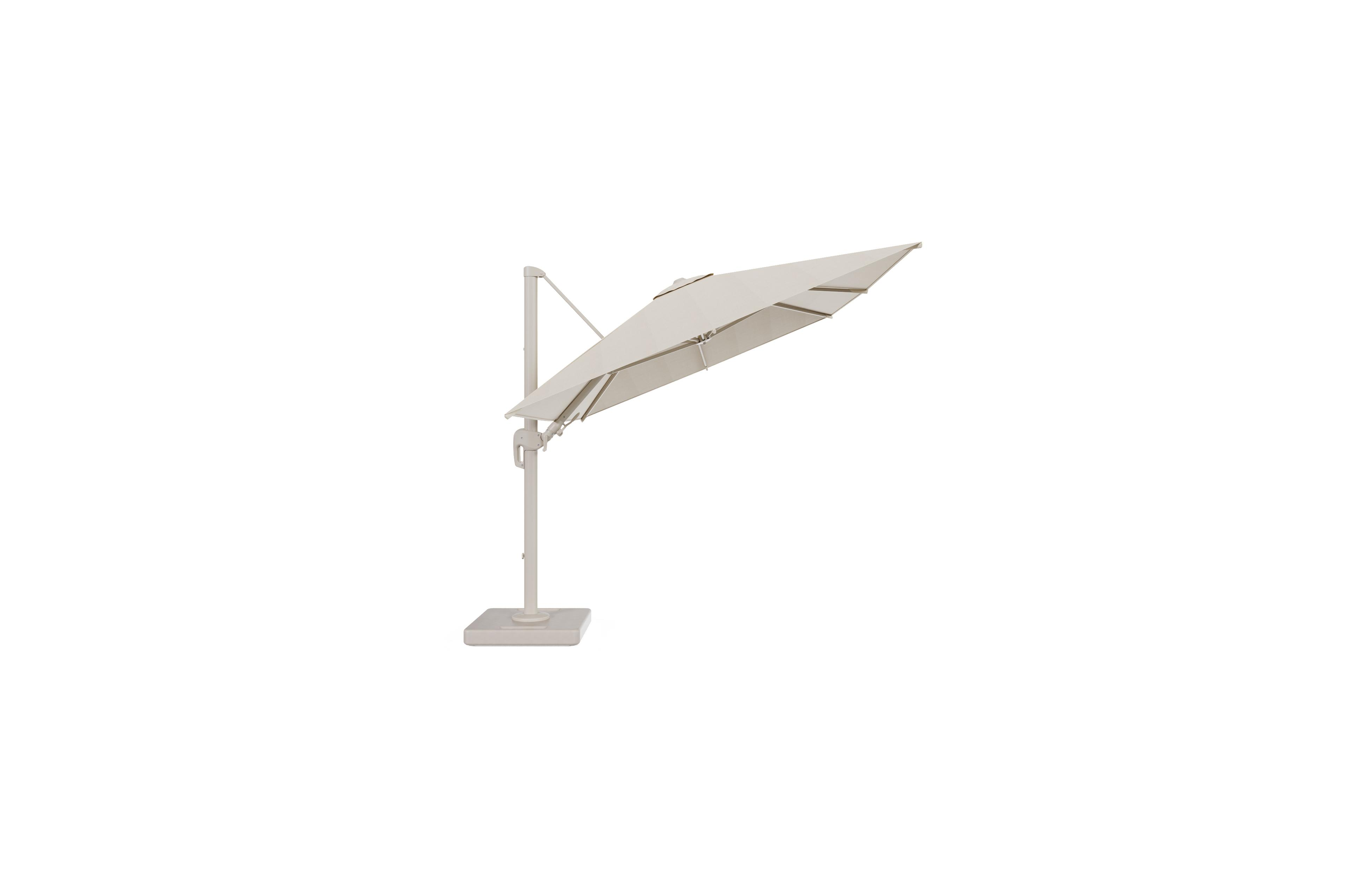 Rufina zweefparasol met tiltfunctie in beige aluminium en beige Sunbrella® Premium parasoldoek - L1 250 x L2 350 cm met Lapido XL met parasolvoet Lapido 160 kg