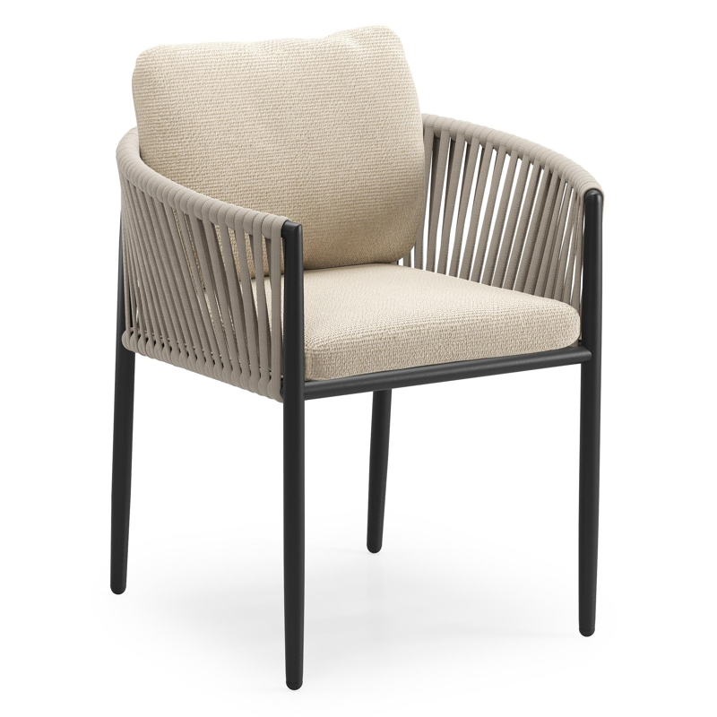 Organo tuinstoel in zwart aluminium en beige verticaal geweven luxe vlakke rope met zitkussen in All Weather Cosytica Althea Chalk