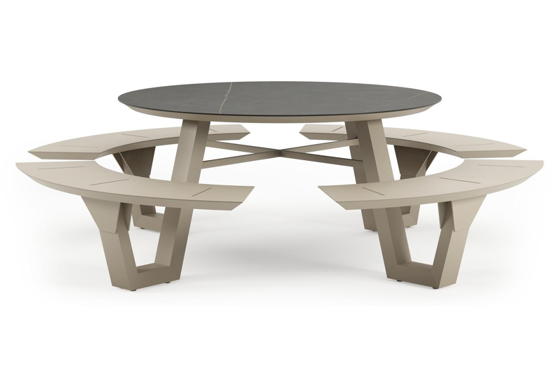 Rondino picknicktafel rond in beige aluminium en volkeramiek Calatorao - Dia. 148 x H 71.5 cm