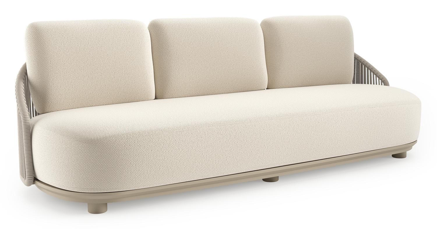 Canapé de jardin Vadelo en aluminium beige et corde ronde tissée verticalement beige et coussins en all weather cosytica althea off white