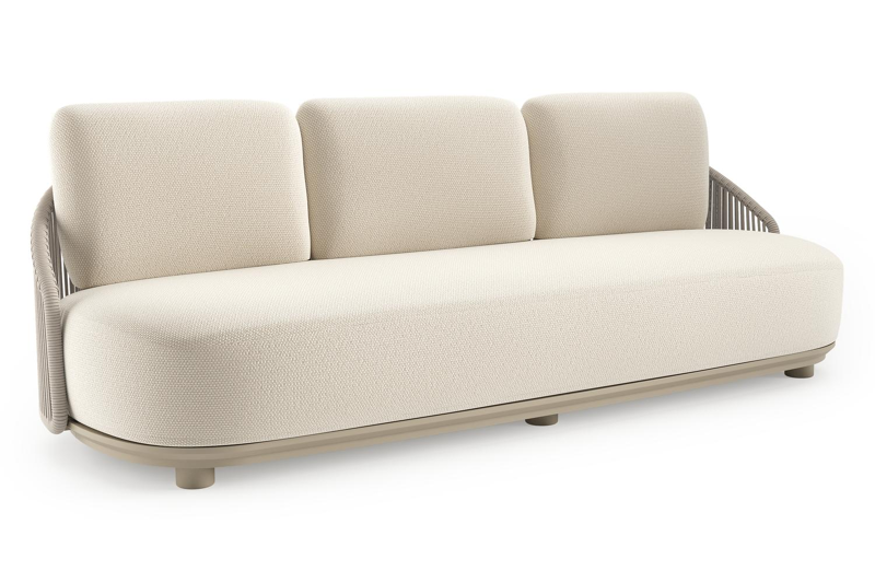 Vadelo loungebank in beige aluminium en beige verticaal geweven ronde rope met althea off white all weather cosytica kussen