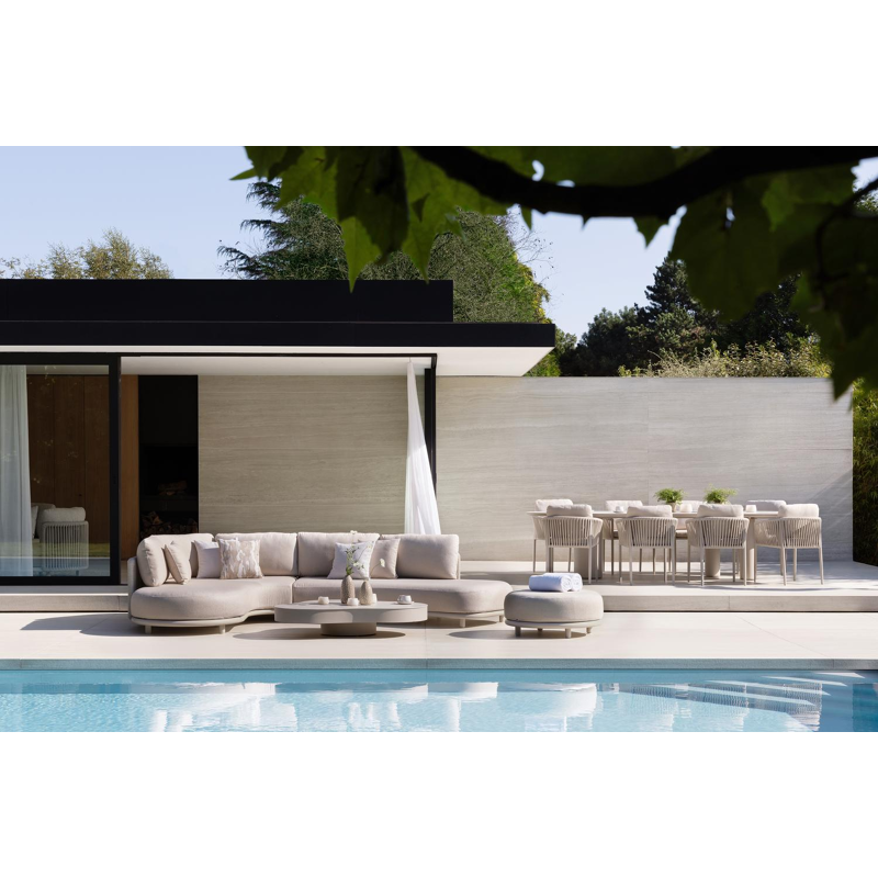 Lomano loungehoek in beige aluminium en beige verticaal geweven luxe vlakke rope met Firenze Natural all weather solica