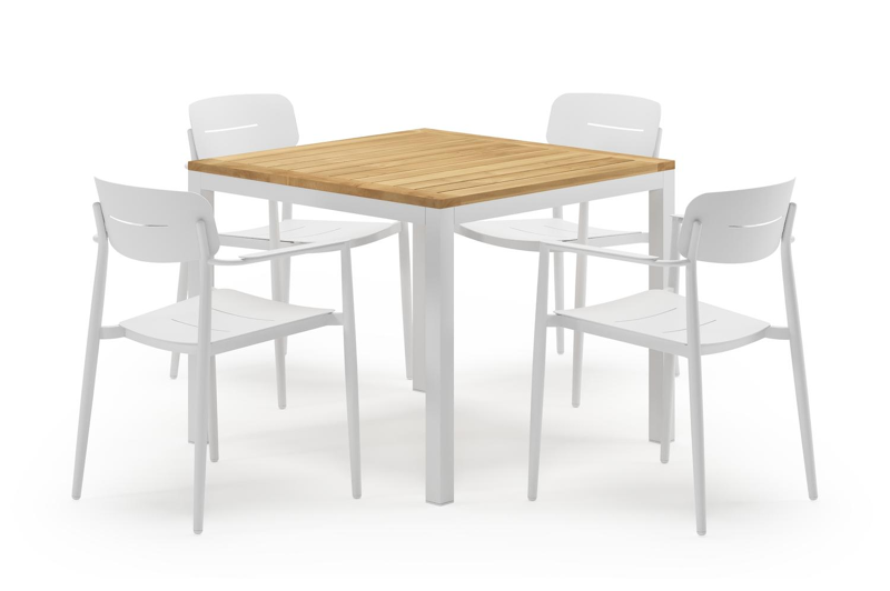 Feltro vierkante tuinset in wit aluminium en teak natural finish met 4 Cosa tuinstoelen