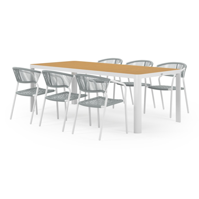 Ellara tuinset in wit aluminium en naturel polywood tafelblad met 6 stapelbare Vigo tuinstoelen