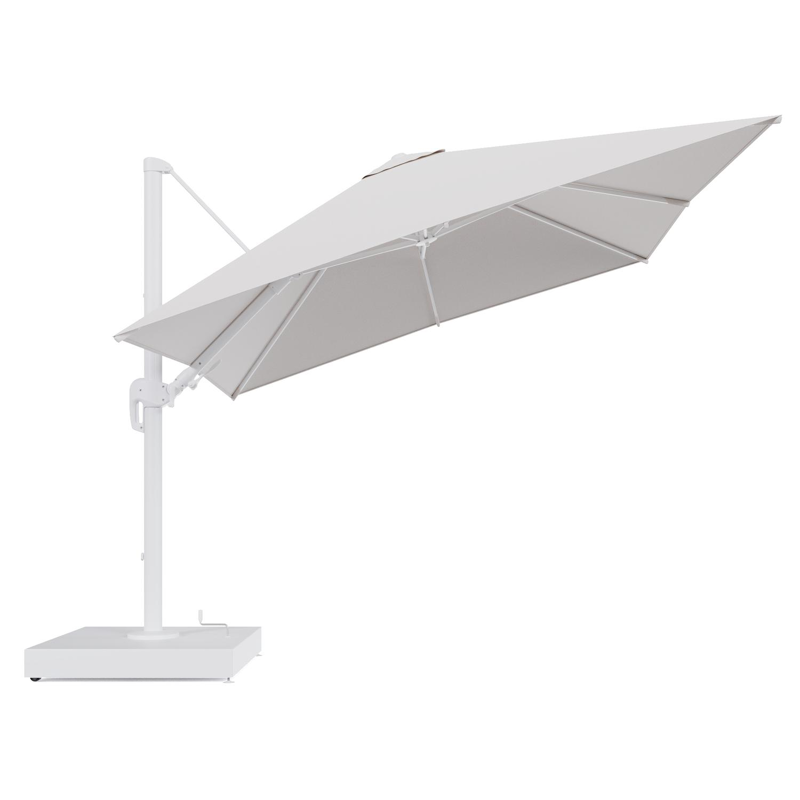 Rufina zweefparasol met tiltfunctie in wit aluminium en Ego Eggshell All Weather Solica parasoldoek - L1 300 x L2 300 cm met parasolvoet Minore 260 kg met wielen