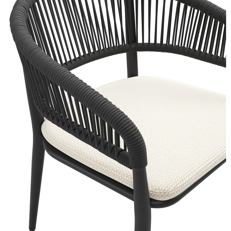 Tolfa stapelbare tuinstoel in zwart aluminium en zwart verticaal geweven ronde rope met stoelkussen in All Weather Cosytica Althea Off White