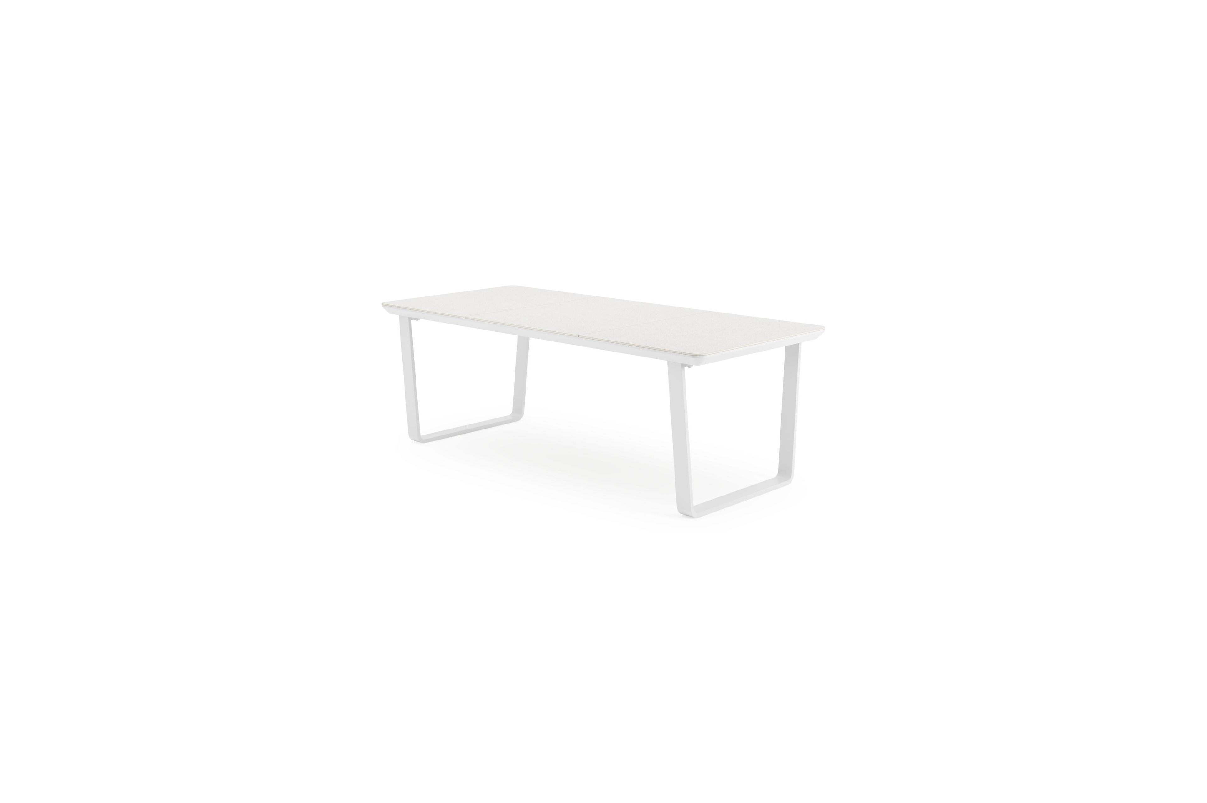 Alora tuinset afgerond rechthoekig in wit aluminium en sintered stone grijs met 6 Bahia tuinstoelen