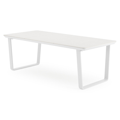 Alora tuinset afgerond rechthoekig in wit aluminium en sintered stone grijs met 6 Bahia tuinstoelen