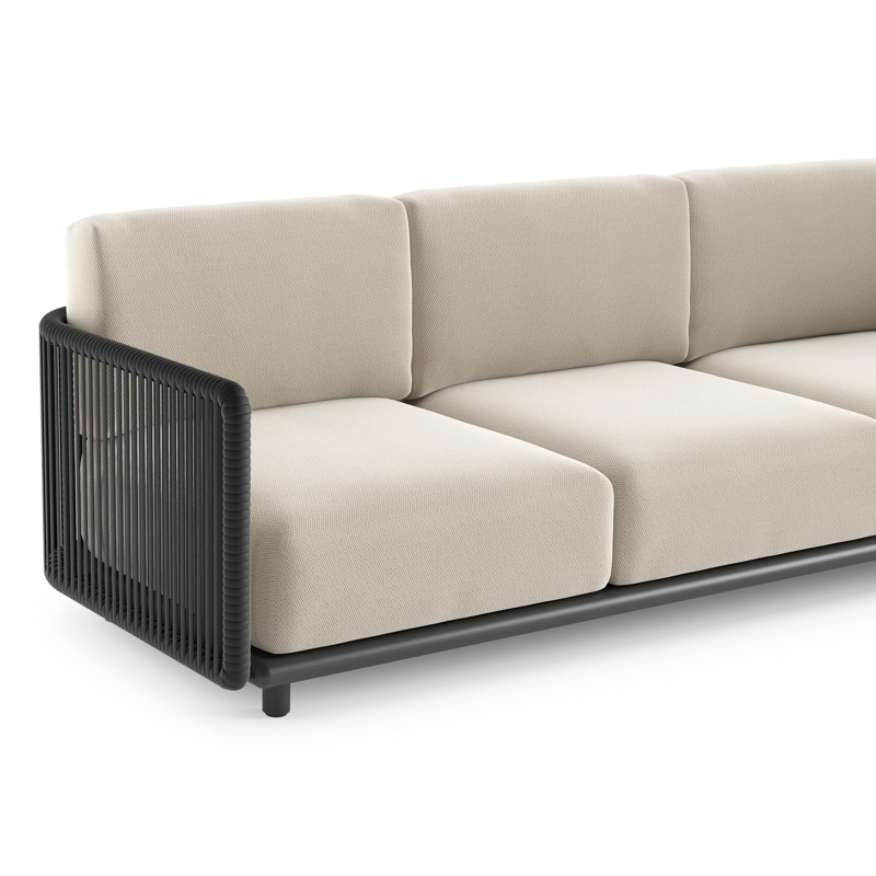 Salon de jardin d'angle Organo en aluminium noir et corde luxe plate tissée verticalement noir et coussin en all weather Sunbrella® luxe lopi marble