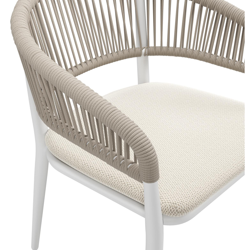 Tolfa stapelbare tuinstoel in wit aluminium en beige verticaal geweven ronde rope met stoelkussen in All Weather Sunbrella® Luxe Lopi Marble