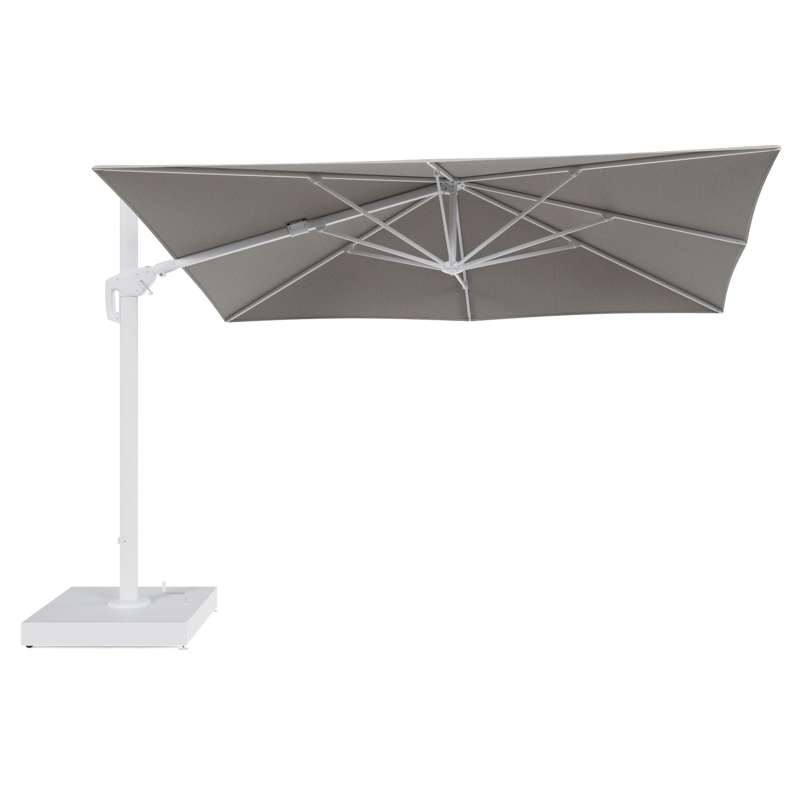 Minore zweefparasol met tiltfunctie in wit aluminium en Firenze Sand All Weather Solica parasoldoek - L1 280 x L2: 370 cm met parasolvoet Minore 260 kg met wielen